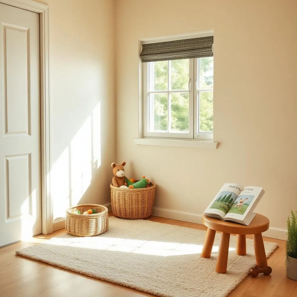 A calm child-friendly corner with a woven toy basket, soft rug, and picture book on a low stool