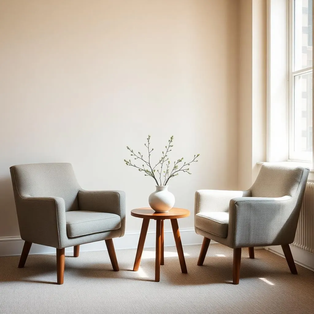 Two upholstered chairs facing each other with a small wooden side table and vase of green branches