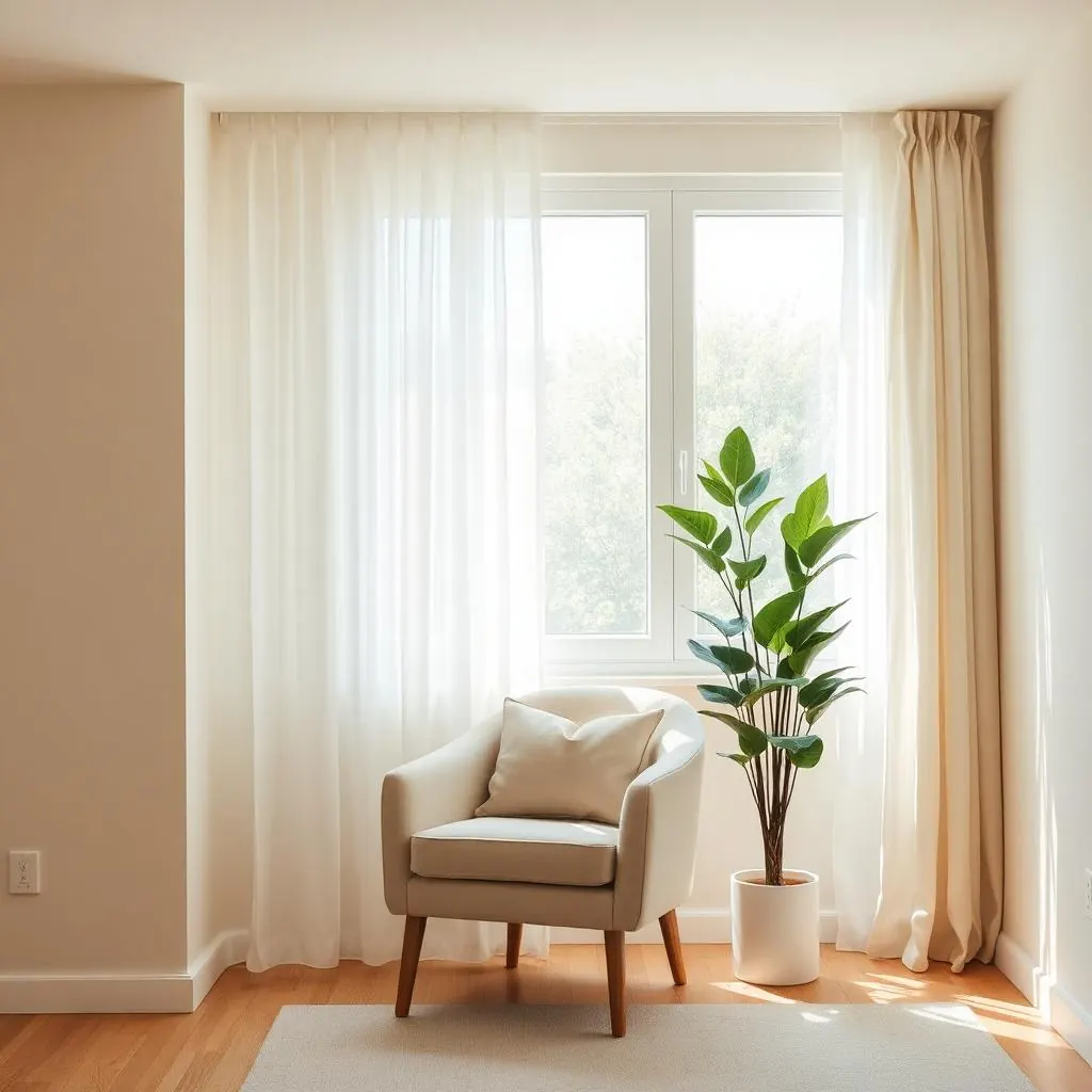 Sunlit reading nook with a linen armchair and a leafy potted plant beside sheer curtains