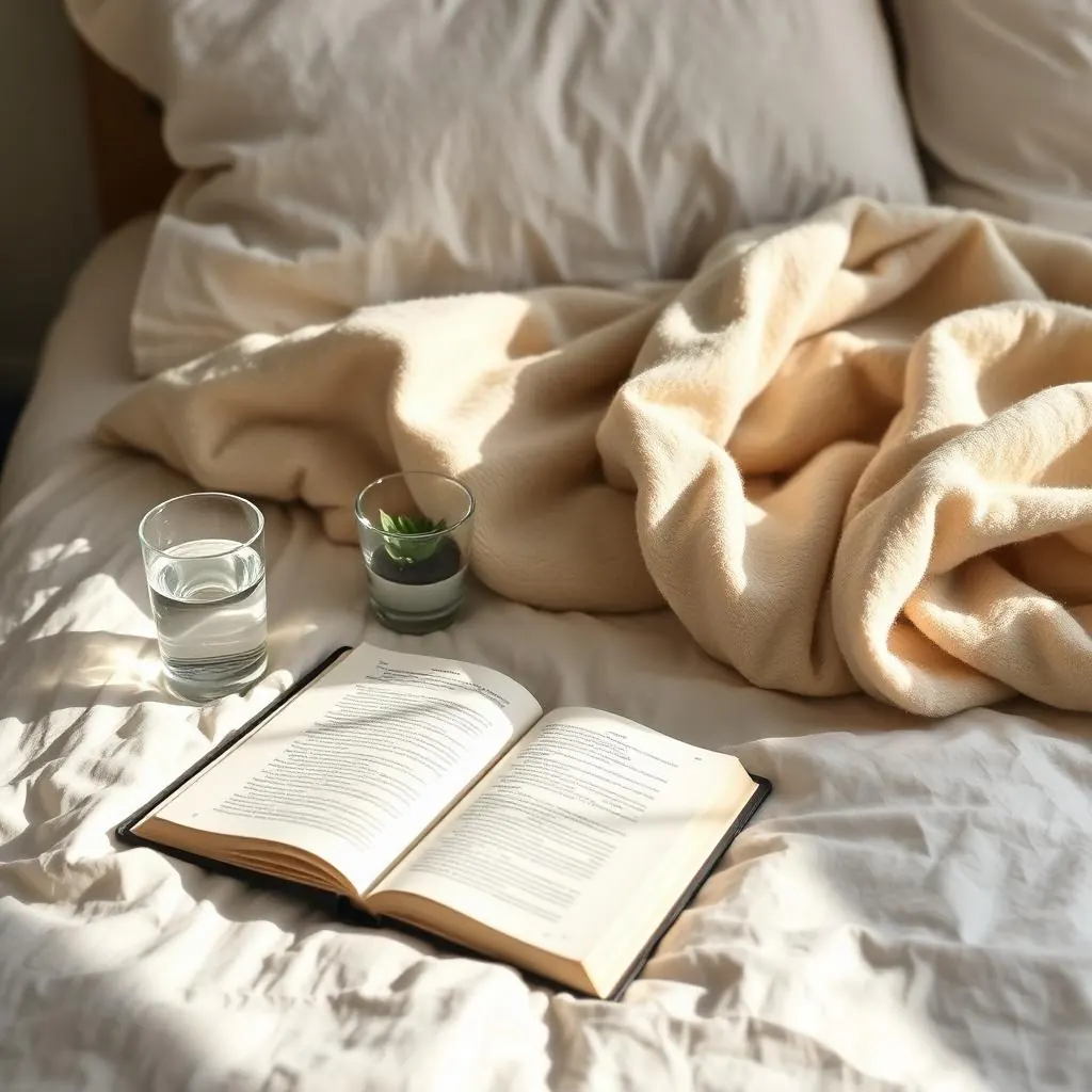 A serene bed with soft linen, a folded throw, a glass of water, small plant, and an open journal